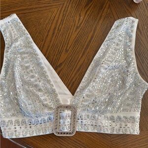 12th tribe Embellished White Crop Top with Rhinestones